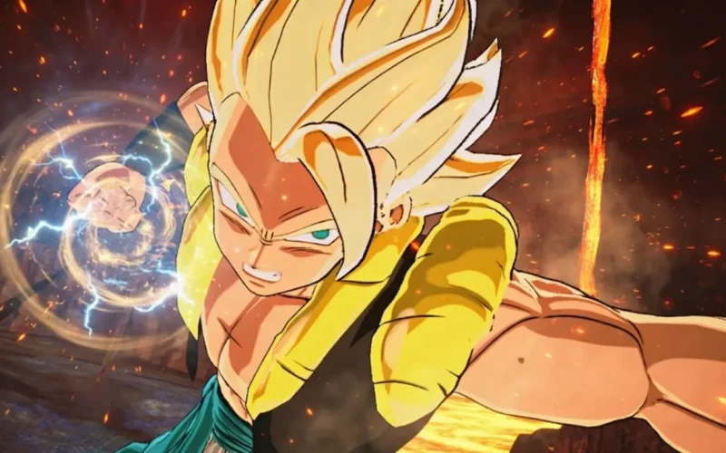 DRAGON BALL Sparking ZERO Switch NSP gameplay showing a Super Saiyan character charging an energy attack in a fiery battlefield