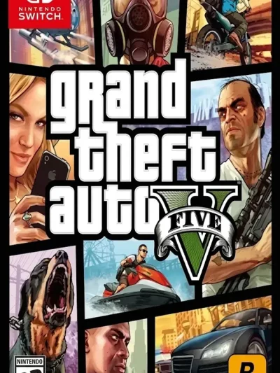 GTA 5 switch NSP cover art featuring characters vehicles and action scenes