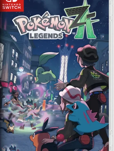 Pokémon Legends Z-A Nintendo Switch game cover featuring trainers and Pokémon in Lumiose City