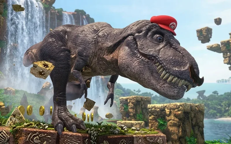 Super Mario Odyssey Switch NSP Mario running through a prehistoric area while controlling a large dinosaur