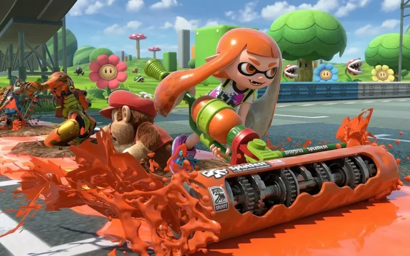 Super Smash Bros Ultimate Switch NSP Inkling girl splattering orange ink with Splattershot