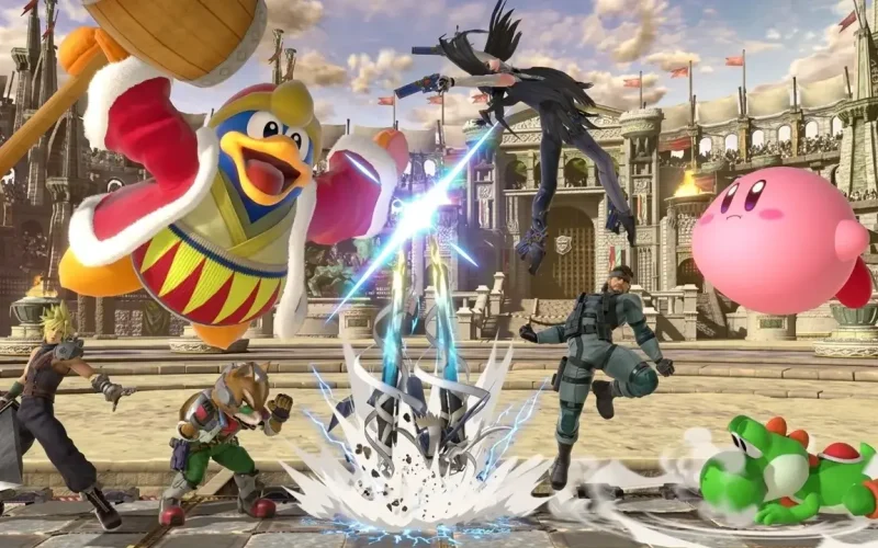 Super Smash Bros Ultimate Switch NSP King Dedede swinging hammer near Bayonetta with Kirby, Cloud, Fox, and Snake in arena stage