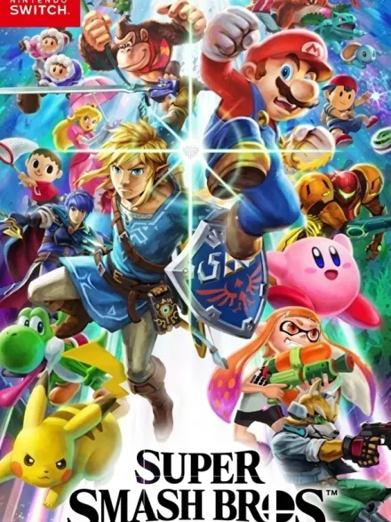 Super Smash Bros Ultimate Switch NSP official box art featuring Mario, Link, Kirby, Pikachu, and full character roster