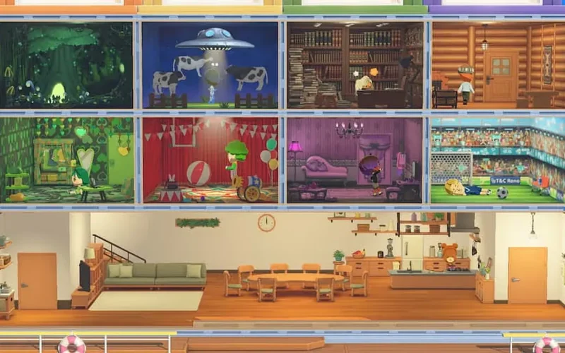 Tomodachi Life: Living the Dream Switch NSP Update house interior with living room, dining area, kitchen, and multiple themed rooms
