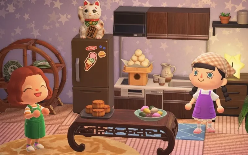 Animal Crossing: New Horizons Switch NSP Two villagers chatting in Chinese-style kitchen room with lucky cat and mooncakes