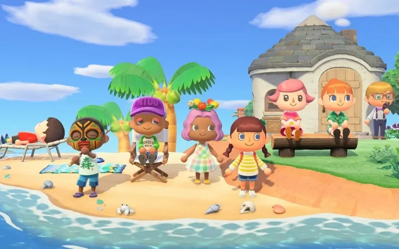 Animal Crossing: New Horizons Switch NSP Group of Animal Crossing villagers relaxing and socializing on sandy beach near stone house
