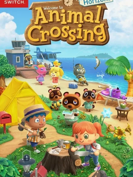 Animal Crossing: New Horizons Switch NSP official box art with Tom Nook, Isabelle, and island villagers