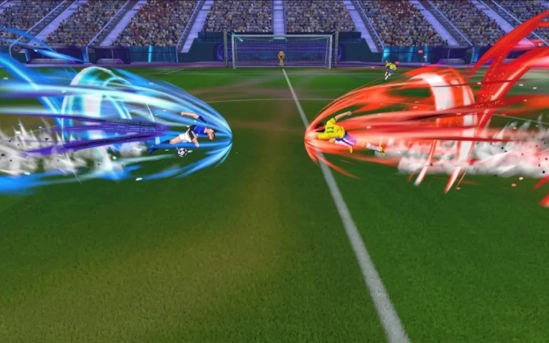 Captain Tsubasa II: World Fighters Switch NSP Anime soccer players colliding with blue and red special shot effects in Captain Tsubasa Rise of New Champions