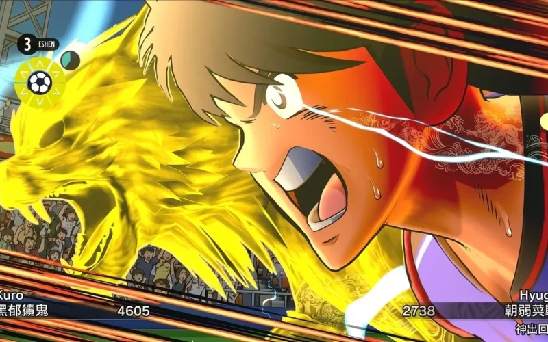 Captain Tsubasa II: World Fighters Switch NSP Close-up of characters Kuro and Hyuga with a golden lion energy effect during a special move clash