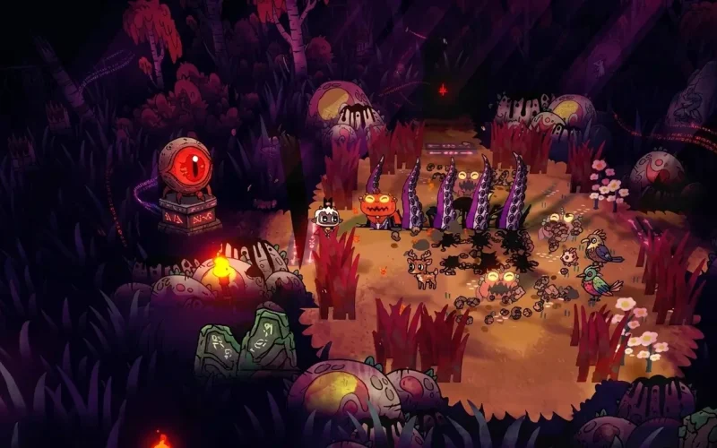 Cult of the Lamb Switch NSP Lamb character facing tentacled monster and enemies in dark purple forest dungeon