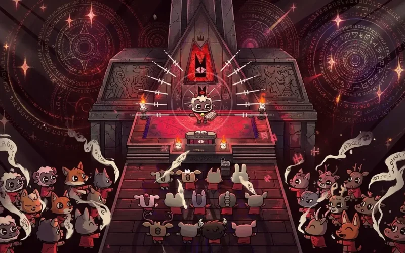 Cult of the Lamb Switch NSP Lamb cult leader delivering sermon to kneeling animal followers at altar