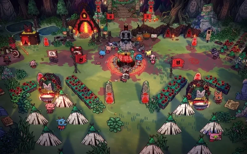 Cult of the Lamb Switch NSP village overview with animal followers, tents, and red ritual shrine