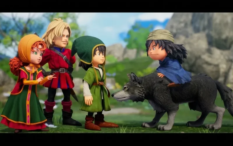 Dragon Quest VII Reimagined Switch NSP Party meeting a boy riding a wolf in a meadow