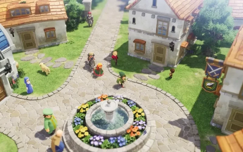 Dragon Quest VII Reimagined Switch NSP Villagers walking through a sunny town square with fountain
