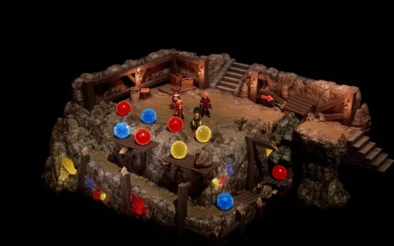 Dragon Quest VII Reimagined Switch NSP Party solving a colored gem puzzle underground