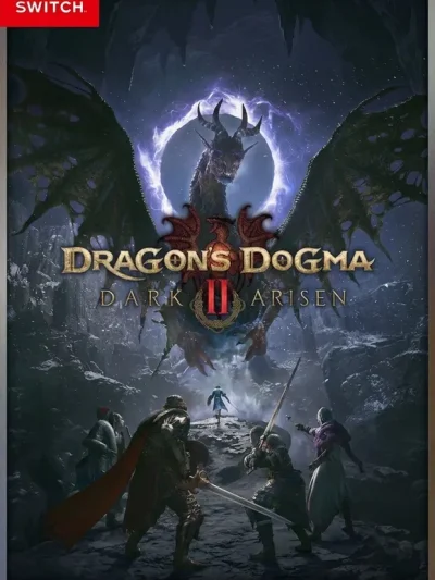 Dragons Dogma 2 Dark Arisen Switch NSP cover art featuring a winged dragon looming over a party of adventurers