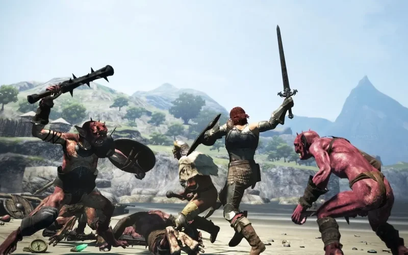 Dragon's Dogma: Dark Arisen Switch NSP fighting a group of goblins on a coastal beach