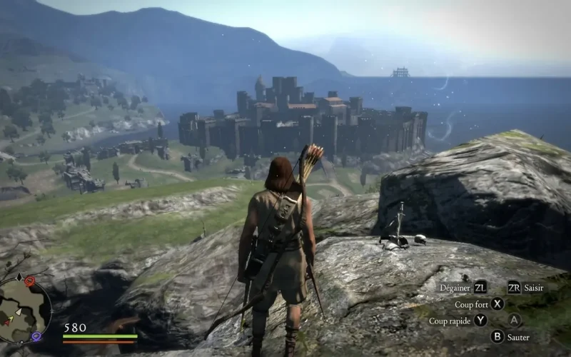 Dragon's Dogma: Dark Arisen Switch NSP Arisen with bow standing on a cliff overlooking a coastal castle and sea