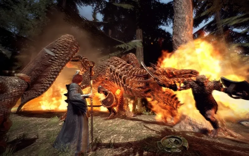 Dragon's Dogma: Dark Arisen Switch NSP Mage and warrior battling a fire-breathing drake amid burning forest