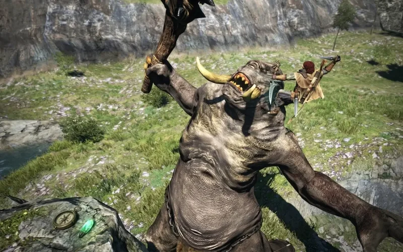 Dragon's Dogma: Dark Arisen Switch NSP Pawn climbing onto a large ogre's head to strike a weak point during battle