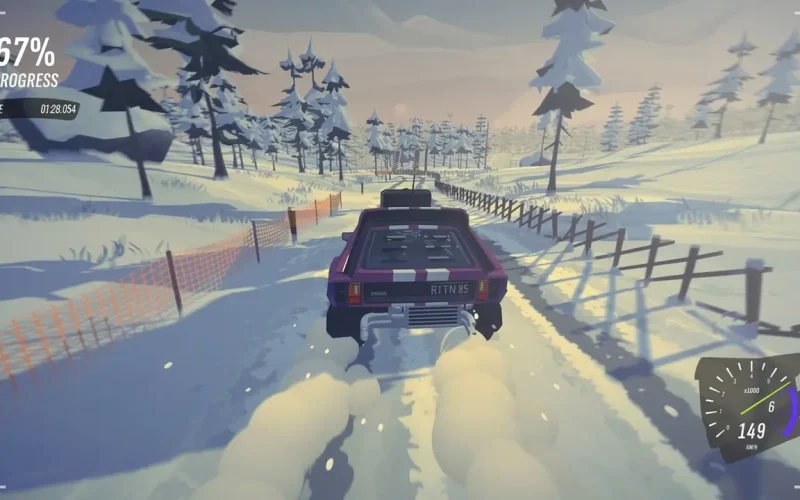Drive Rally Switch NSP Rally car kicking up snow spray on winter mountain road