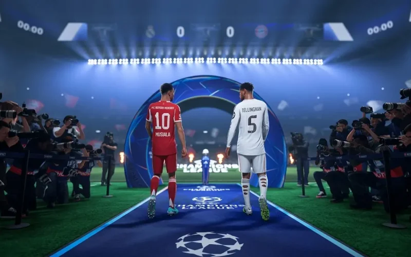 EA SPORTS FC 26 Switch NSP Musiala and Bellingham walking out for a Champions League match