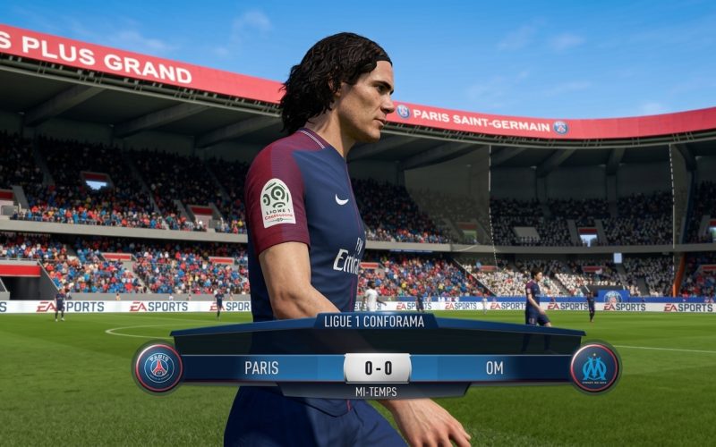 FIFA 18 Switch NSP Football player walking on pitch with Ligue 1 halftime scoreboard showing 0-0