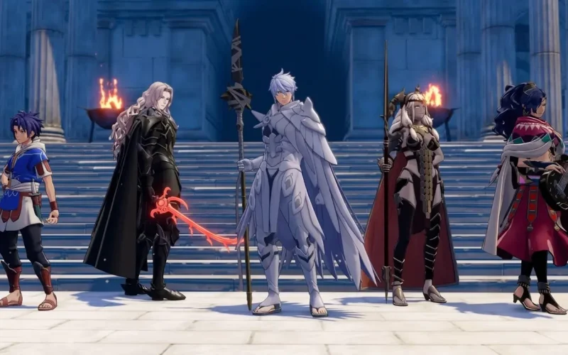 Fire Emblem Fortune's Weave Switch NSP Five characters standing on stone steps