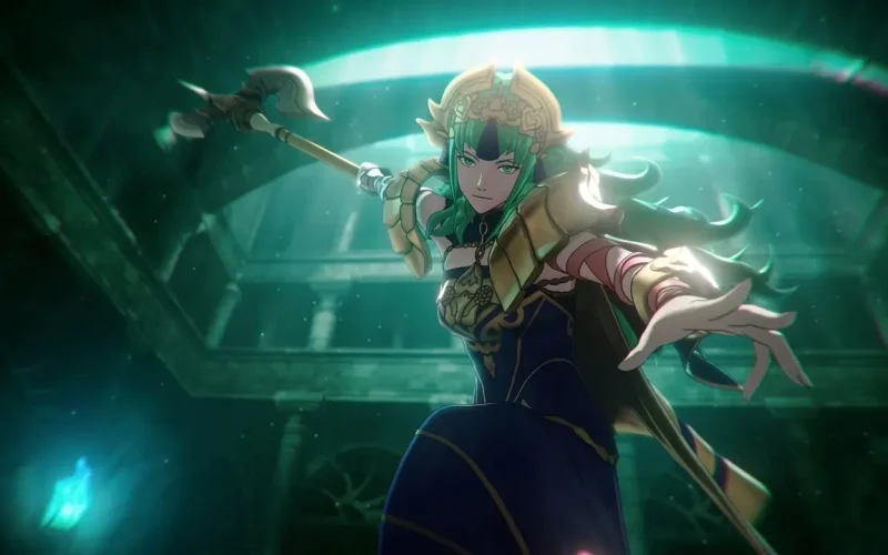 Fire Emblem Fortune's Weave Switch NSP Green-haired warrior wielding an axe in armor