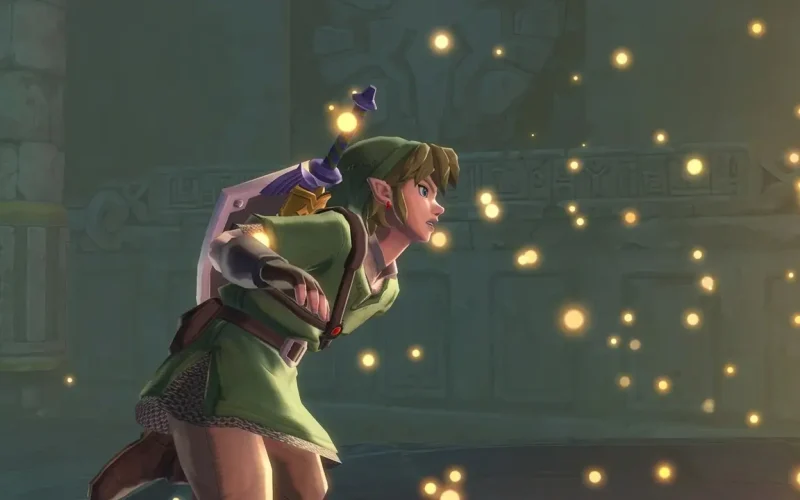The Legend of Zelda Skyward Sword Switch NSP Link running through ancient ruins surrounded by glowing lights