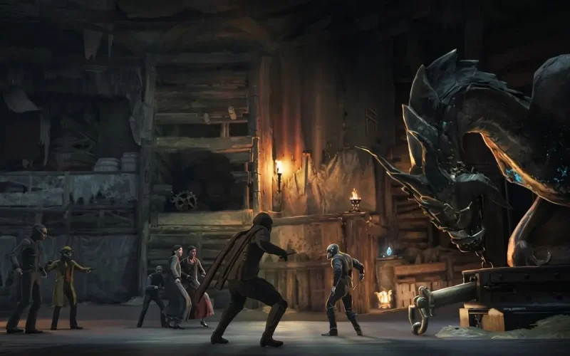 Hogwarts Legacy Deluxe Edition Switch NSP Cloaked figures confronting a large dragon-like creature inside a dark wooden cave structure