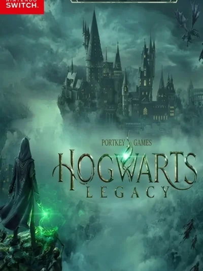Hogwarts Legacy Deluxe Edition Switch NSP cover art featuring a misty castle and cloaked figure on a cliff