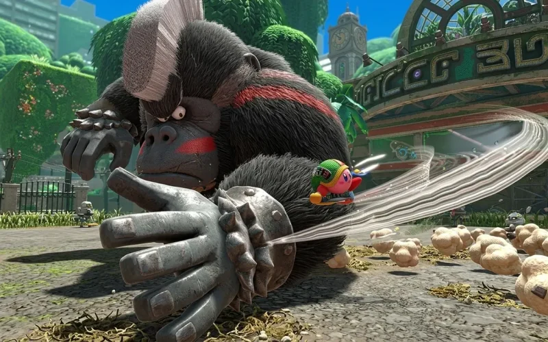 Kirby and the Forgotten Land Switch NSP Kirby using Drill ability against giant gorilla boss in abandoned amusement park
