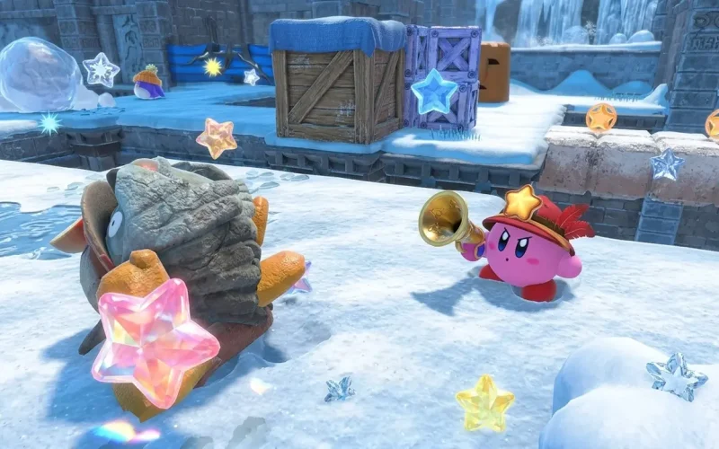 Kirby and the Forgotten Land Switch NSP Kirby using Ranger ability facing armored enemy in snowy ancient ruins