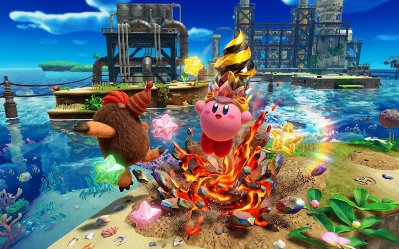 Kirby and the Forgotten Land Switch NSP Kirby using fiery Sizzle ability against enemy on beach near industrial factory