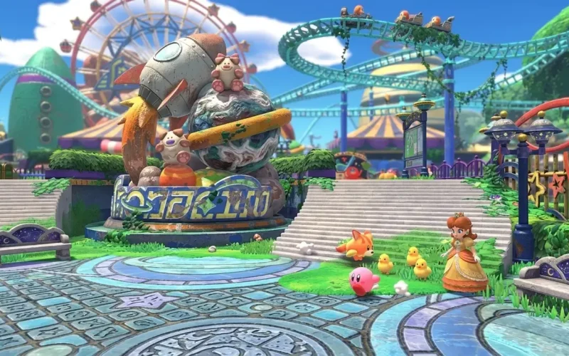 Kirby and the Forgotten Land Switch NSP Kirby and Princess Daisy walking through overgrown amusement park with rocket statue
