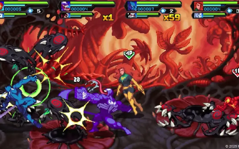 Marvel Cosmic Invasion Switch NSP Four-player co-op battle against Venom-like alien creatures in a fleshy alien landscape