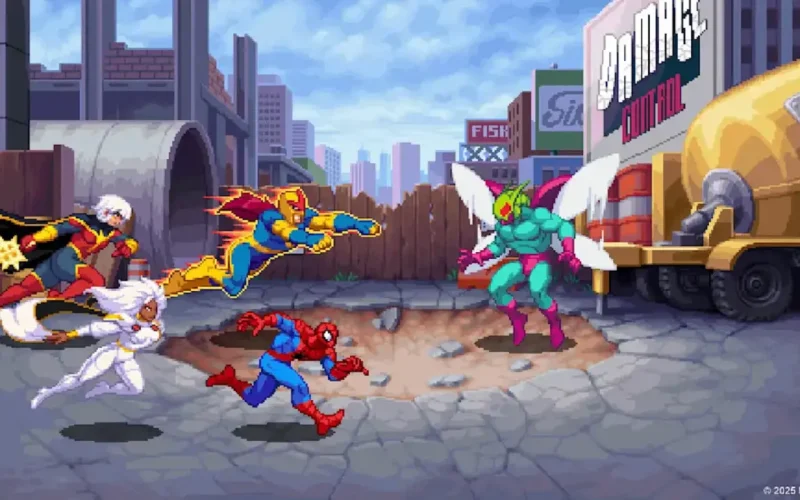 Marvel Cosmic Invasion Switch NSP Spider-Man, Captain Marvel, and Beta Ray Bill fighting a green alien villain on a city street