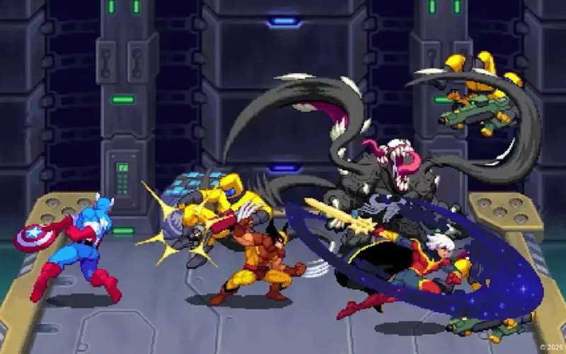 Marvel Cosmic Invasion Switch NSP Captain America, Wolverine, and X-23 fighting a massive tentacled Venom monster in sci-fi corridor
