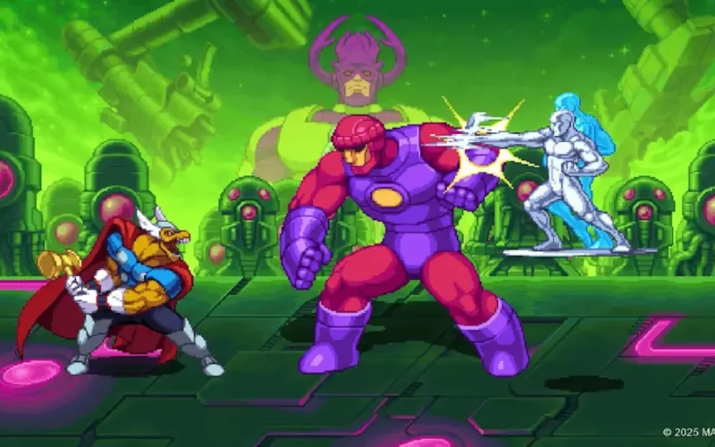 Marvel Cosmic Invasion Switch NSP Thor and Silver Surfer fighting a large purple robotic enemy with Galactus in the background