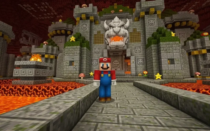 Minecraft Switch NSP Mario character skin walking toward stone Bowsers Castle build with lava moat