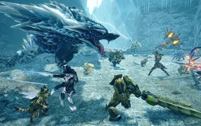 Monster Hunter Rise Sunbreak Switch NSP hunters battling a large ice-covered monster in a frozen area