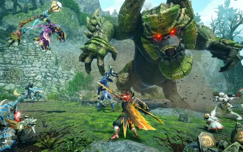 Monster Hunter Rise Sunbreak Switch NSP hunters fighting a giant monster in a forest
