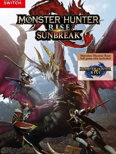 Monster Hunter Rise Sunbreak Switch NSP Nintendo Switch cover featuring hunters battling a large dragon