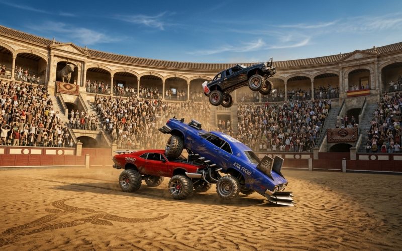 Monster Truck Arena Battle Royale Switch NSP Modified monster trucks crashing and battling inside a crowded arena