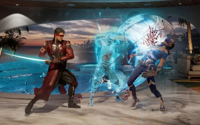 Mortal Kombat 1 Premium Edition Switch NSP Kenshi clashing swords with Kitana in bloody battle by luxury pool at sunset