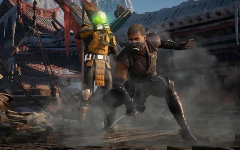 Mortal Kombat 1 Premium Edition Switch NSP Cyrax aiming weapon behind Kenshi crouched with sword in snowy temple courtyard