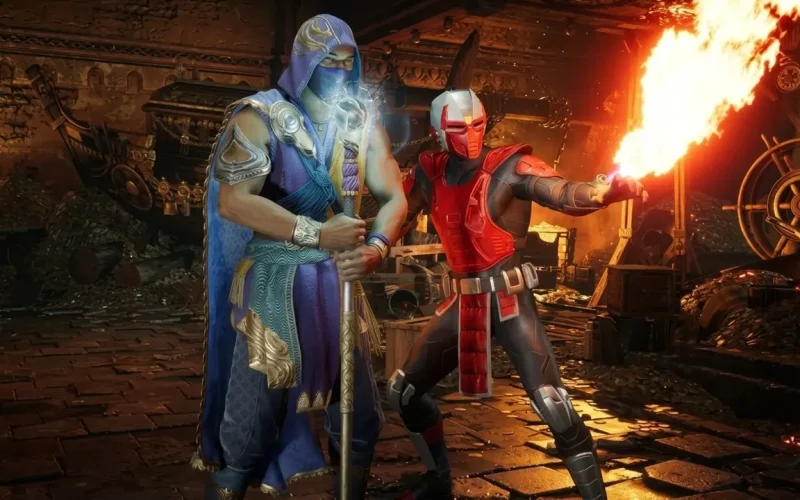 Mortal Kombat 1 Premium Edition Switch NSP Blue-robed ice warrior standing beside fire-wielding Scorpion in industrial Foundry stage