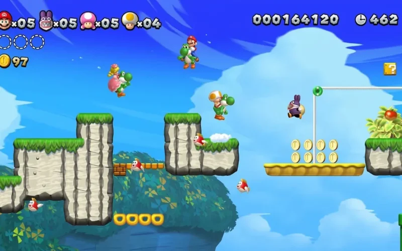 New Super Mario Bros U Deluxe Switch NSP Mario, Nabbit, Toad, and Toadette riding Yoshis together in a jungle-themed multiplayer level