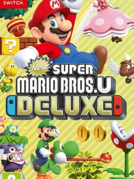 New Super Mario Bros U Deluxe Switch NSP Nintendo Switch box art with Mario, Luigi, Peach, and Yoshi